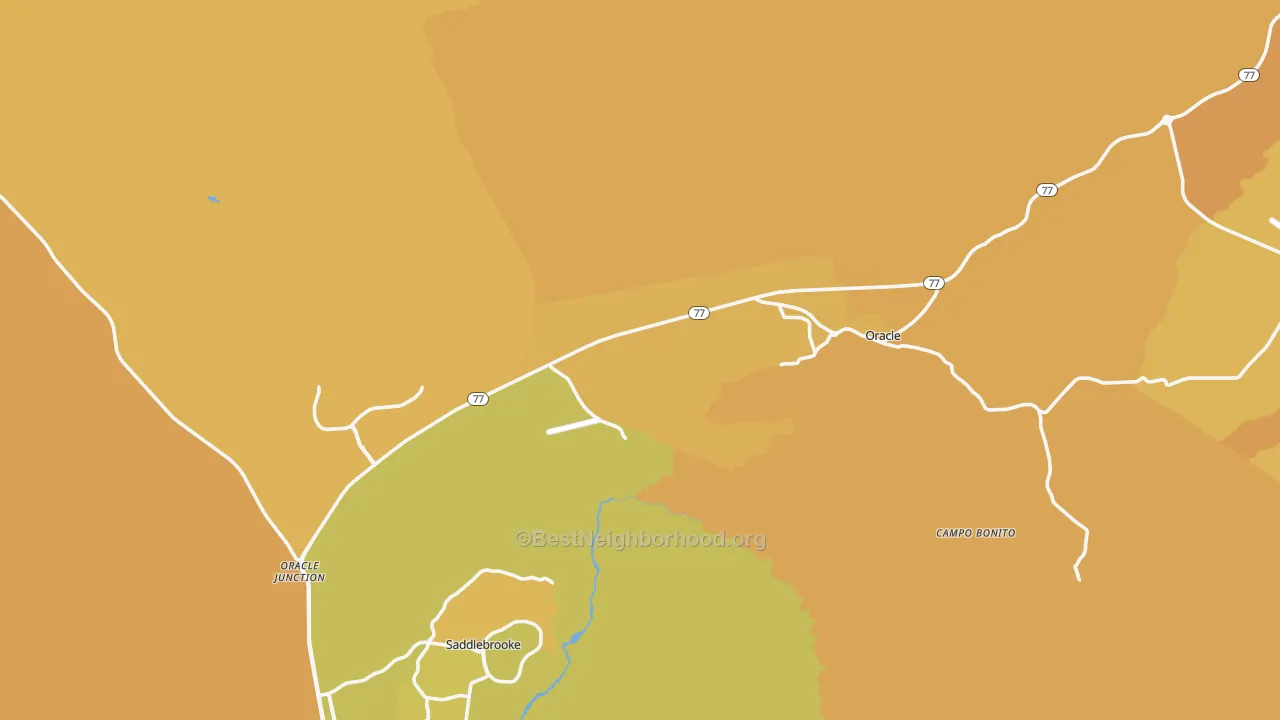 Map of the best neighborhoods in the Oracle area, with better matches in green and worse matches in red