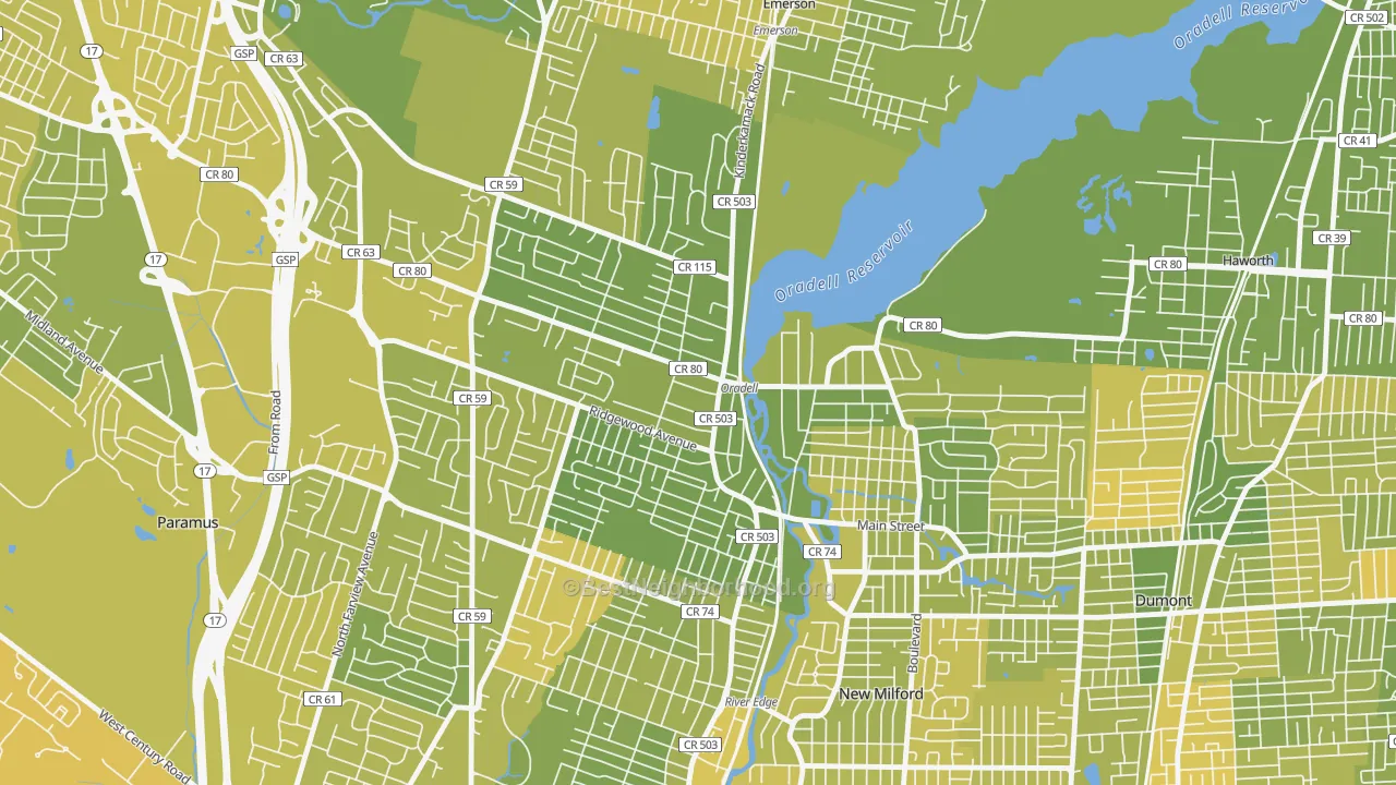 Map of the best neighborhoods in the Oradell area, with better matches in green and worse matches in red