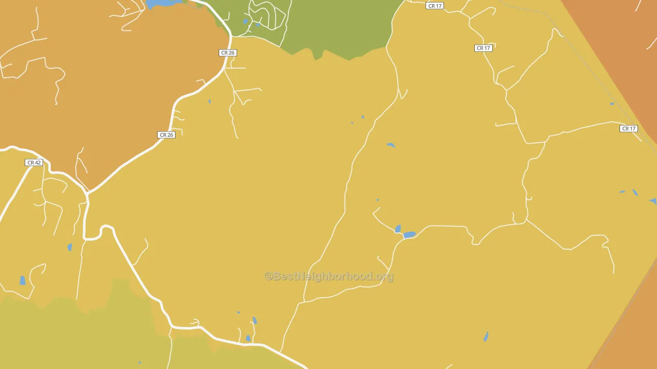 Map of the best neighborhoods in the Oral Lake area, with better matches in green and worse matches in red