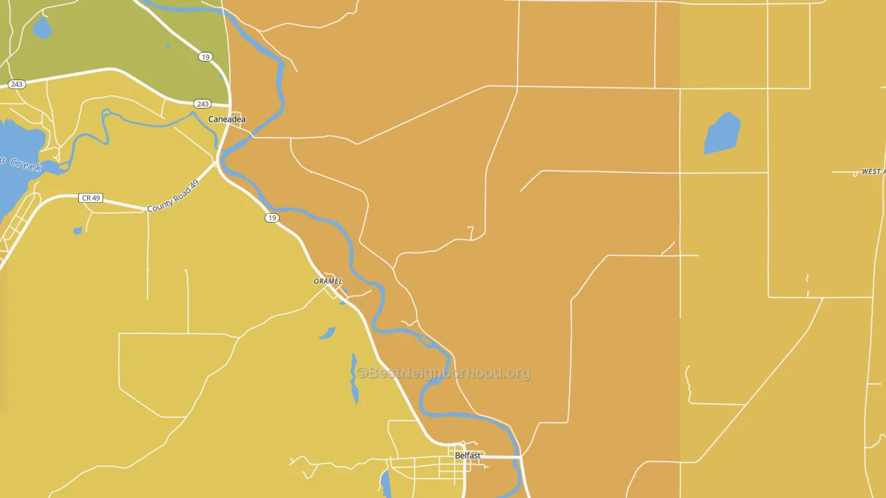 Map of the best neighborhoods in the Oramel area, with better matches in green and worse matches in red