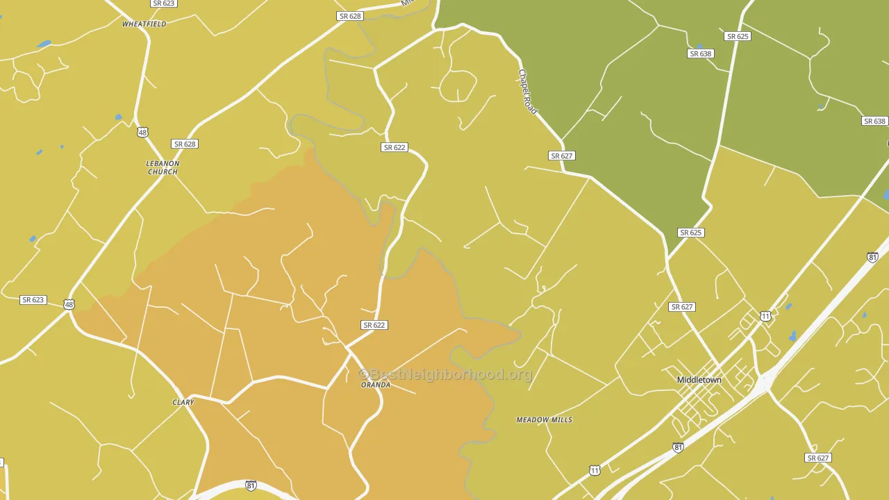 Map of the best neighborhoods in the Oranda area, with better matches in green and worse matches in red
