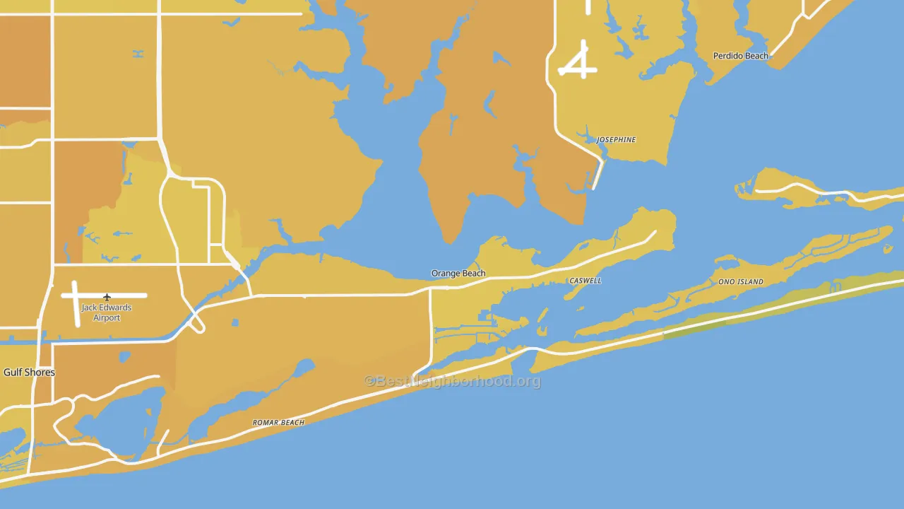 Map of the best neighborhoods in the Orange Beach area, with better matches in green and worse matches in red