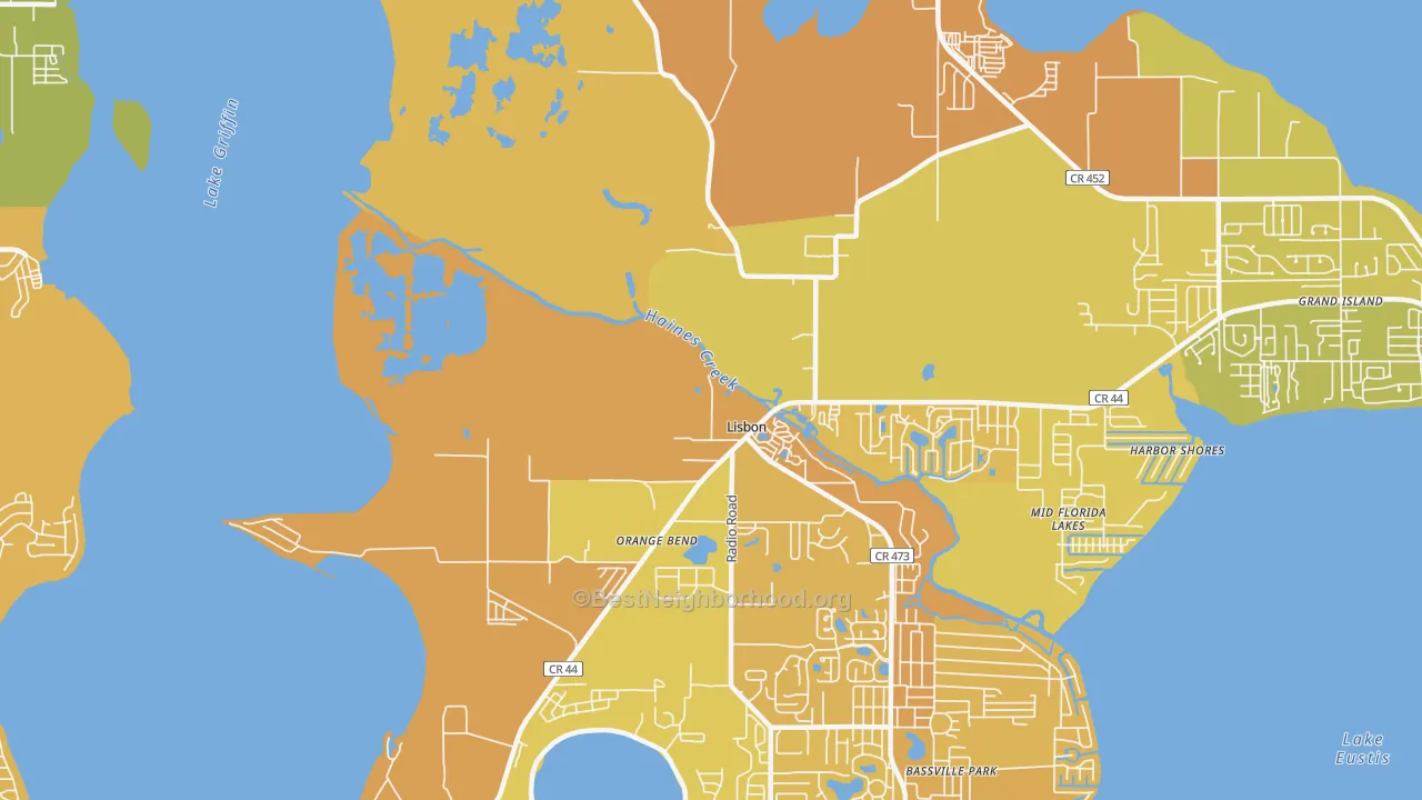 Map of the best neighborhoods in the Orange Bend area, with better matches in green and worse matches in red
