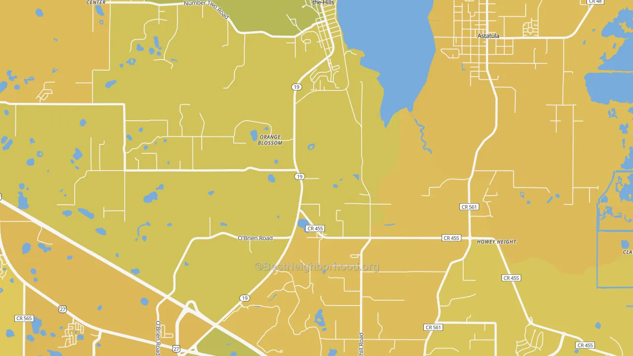Map of the best neighborhoods in the Orange Blossom area, with better matches in green and worse matches in red