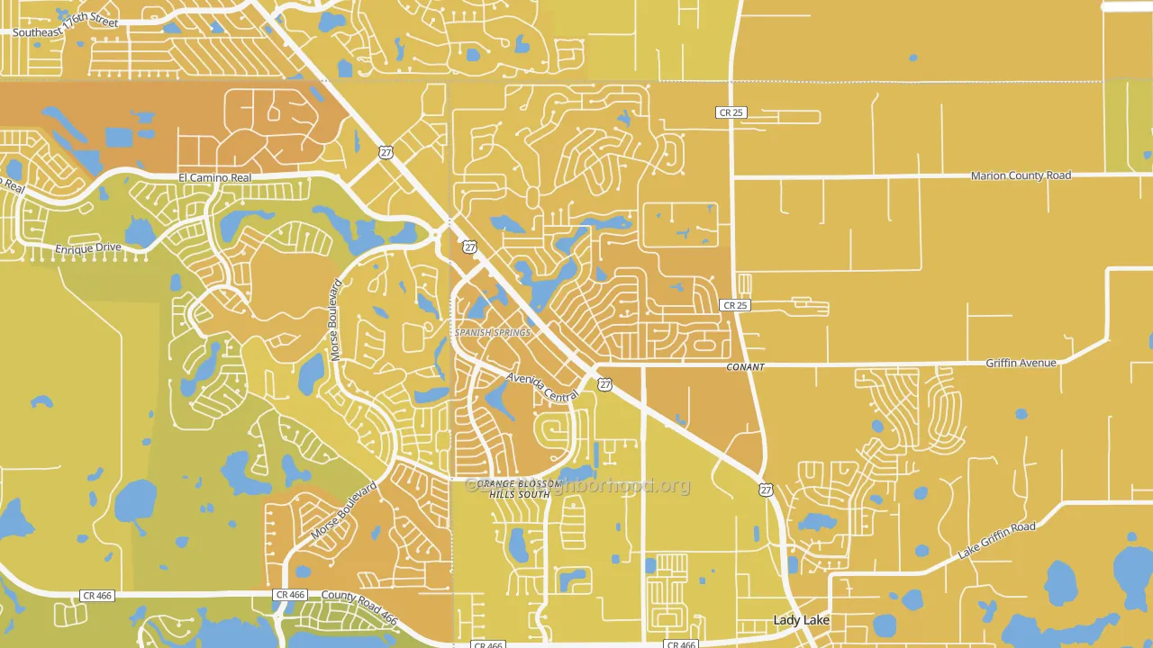 Map of the best neighborhoods in the Orange Blossom Gardens, Lady Lake area, with better matches in green and worse matches in red
