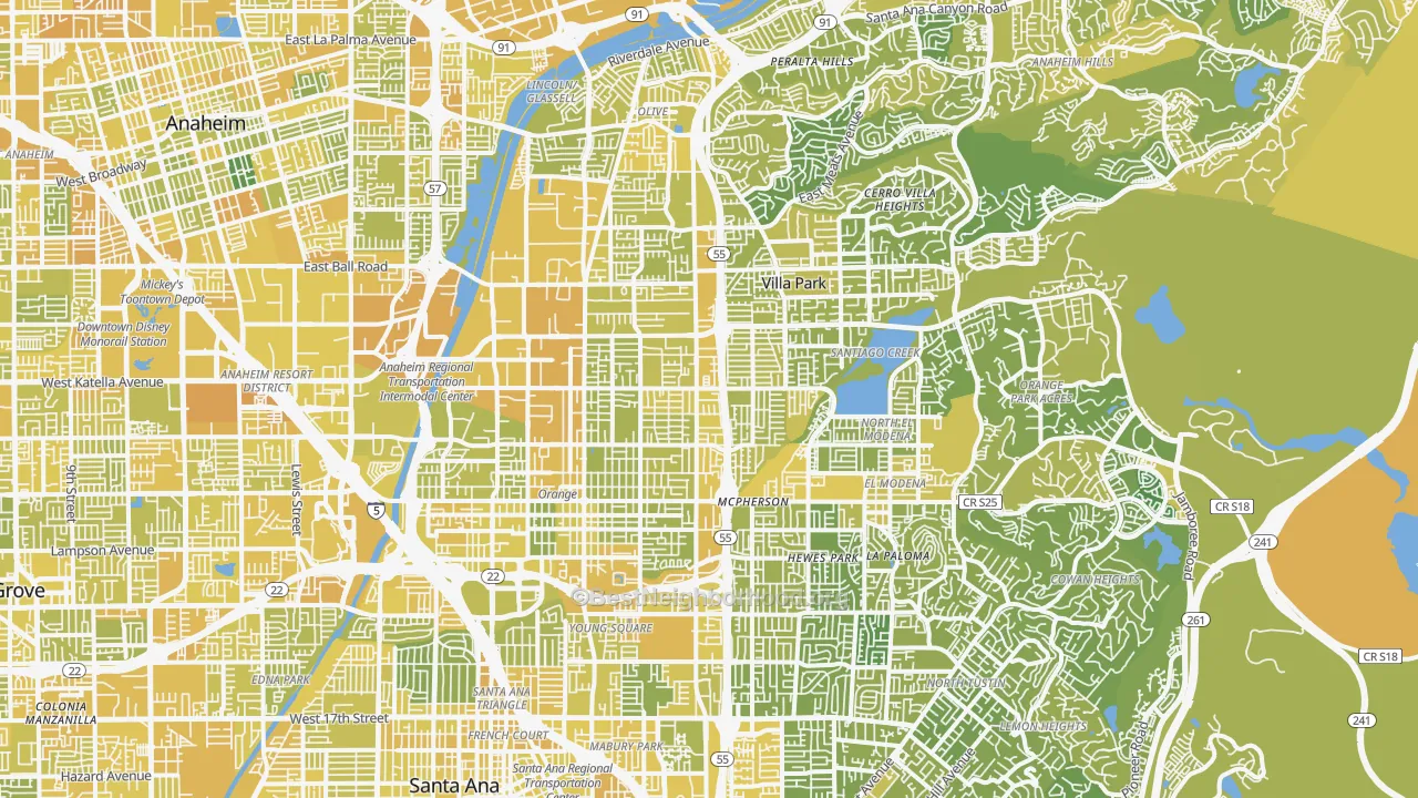 Map of the best neighborhoods in the Orange area, with better matches in green and worse matches in red