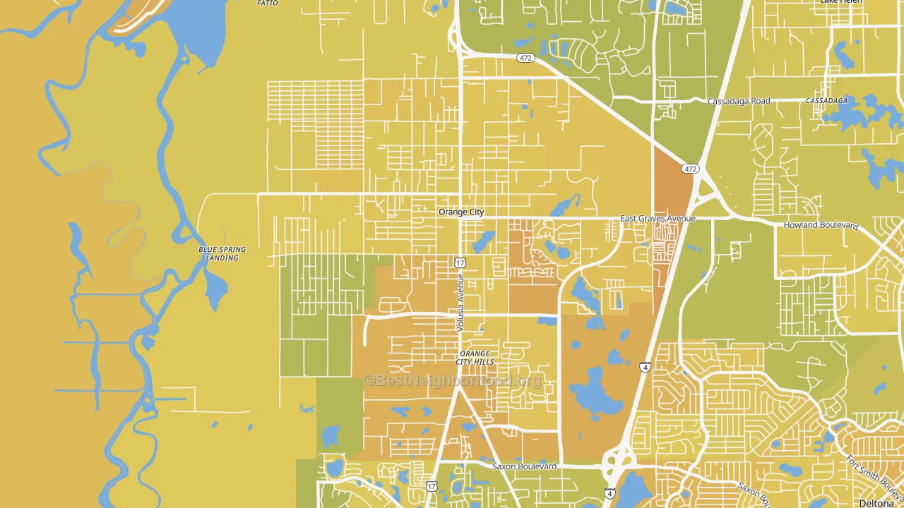 Map of the best neighborhoods in the Orange City area, with better matches in green and worse matches in red