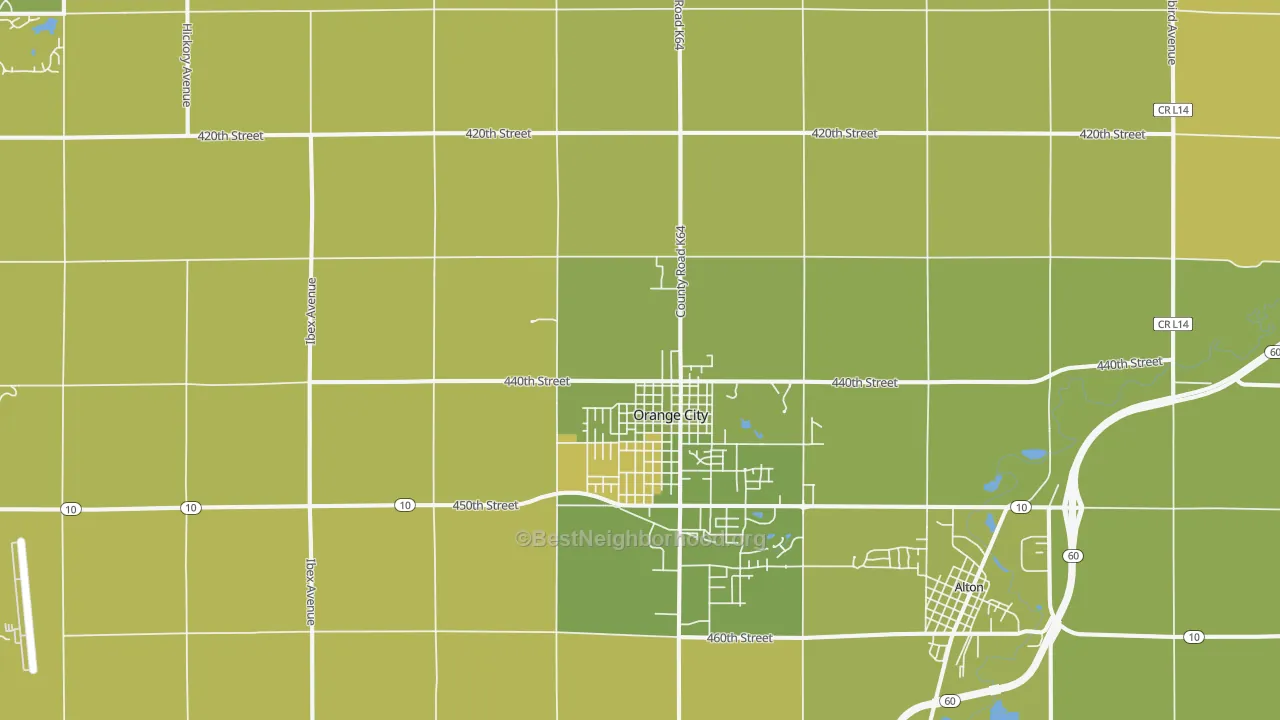 Map of the best neighborhoods in the Orange City area, with better matches in green and worse matches in red