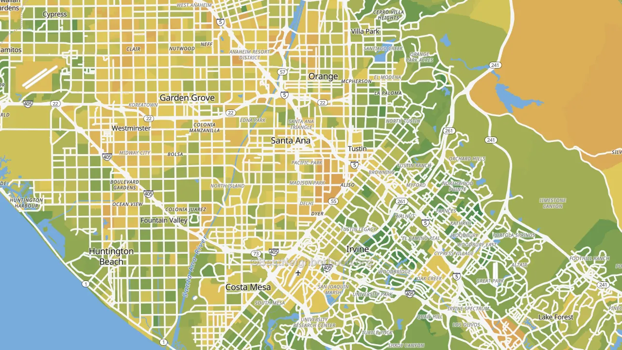 Map of the best neighborhoods in the Orange County area, with better matches in green and worse matches in red