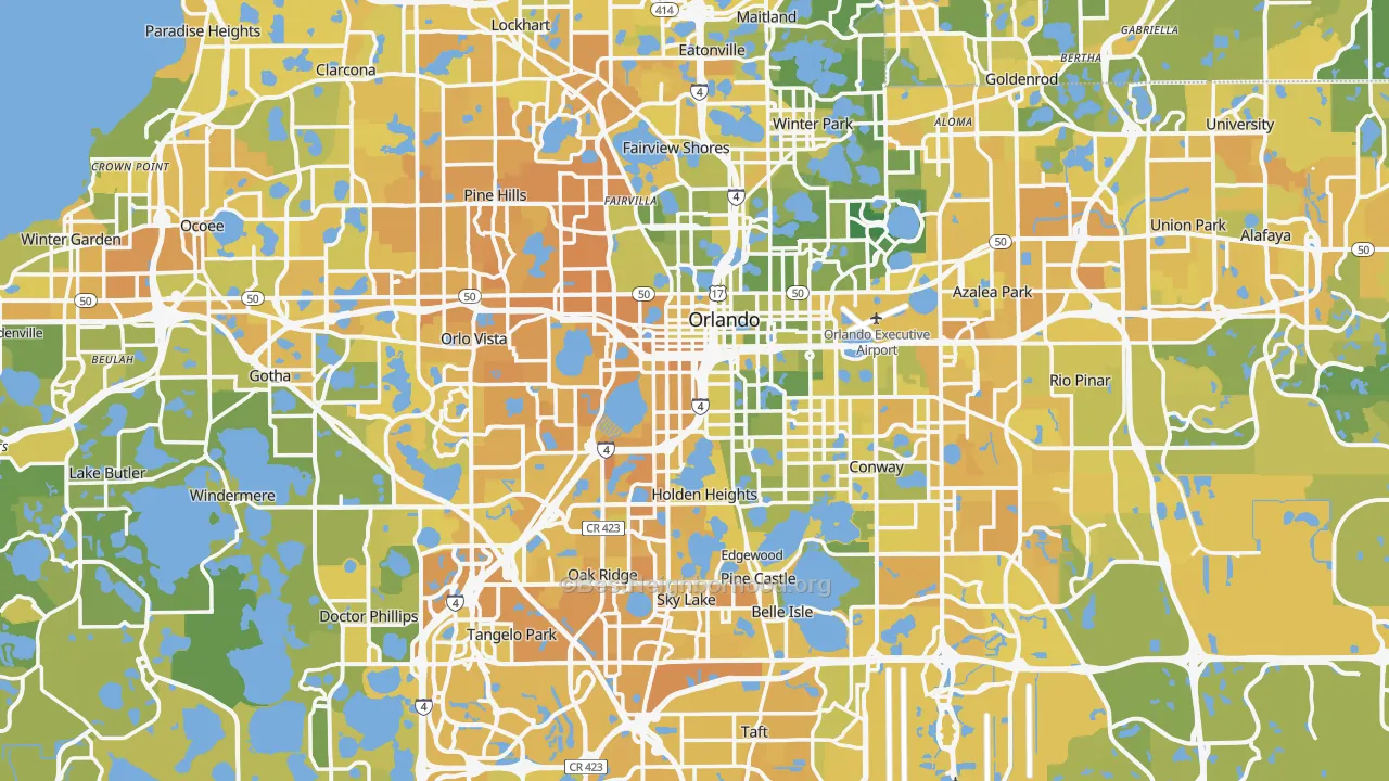 Map of the best neighborhoods in the Orange County area, with better matches in green and worse matches in red