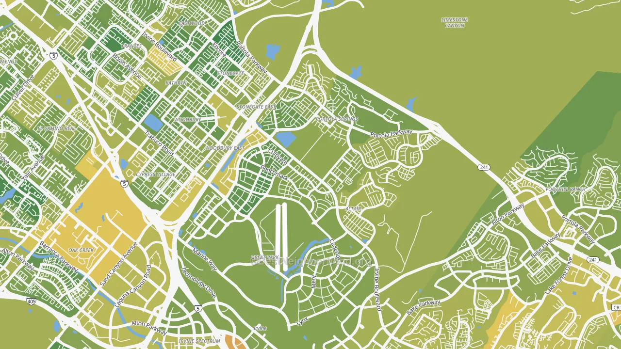 Map of the best neighborhoods in the Orange County Great Park, Irvine area, with better matches in green and worse matches in red