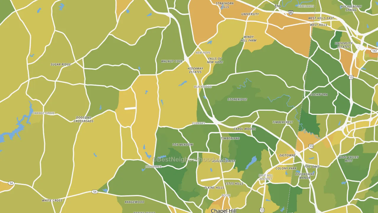Map of the best neighborhoods in the Orange County area, with better matches in green and worse matches in red