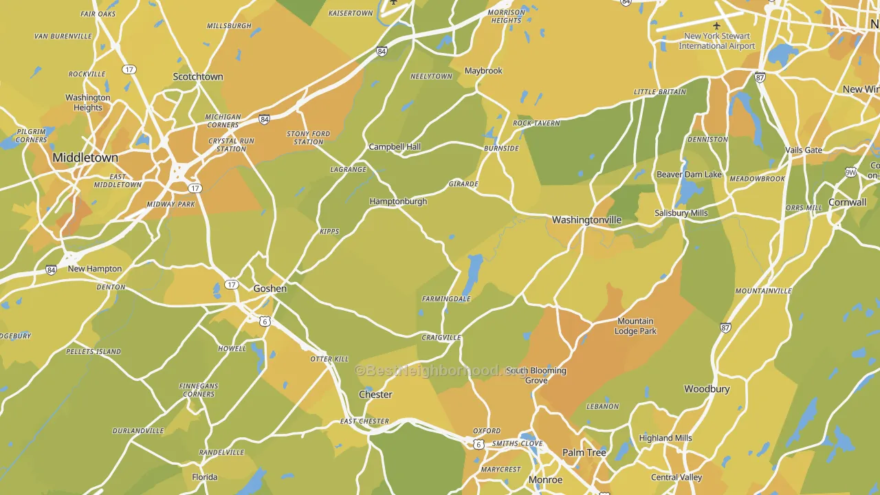 Map of the best neighborhoods in the Orange County area, with better matches in green and worse matches in red