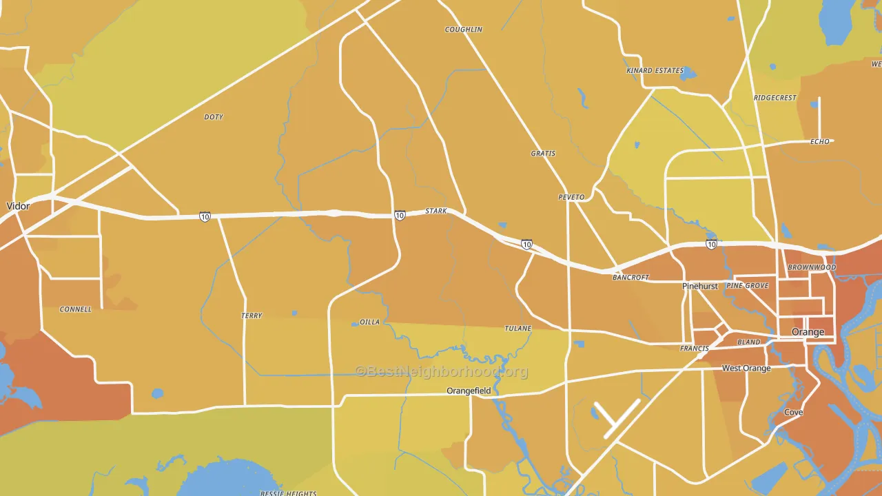 Map of the best neighborhoods in the Orange County area, with better matches in green and worse matches in red