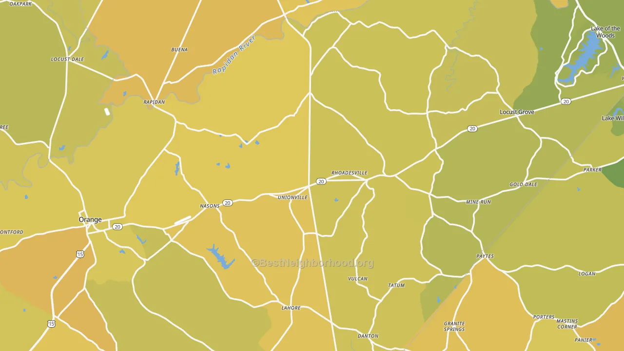 Map of the best neighborhoods in the Orange County area, with better matches in green and worse matches in red