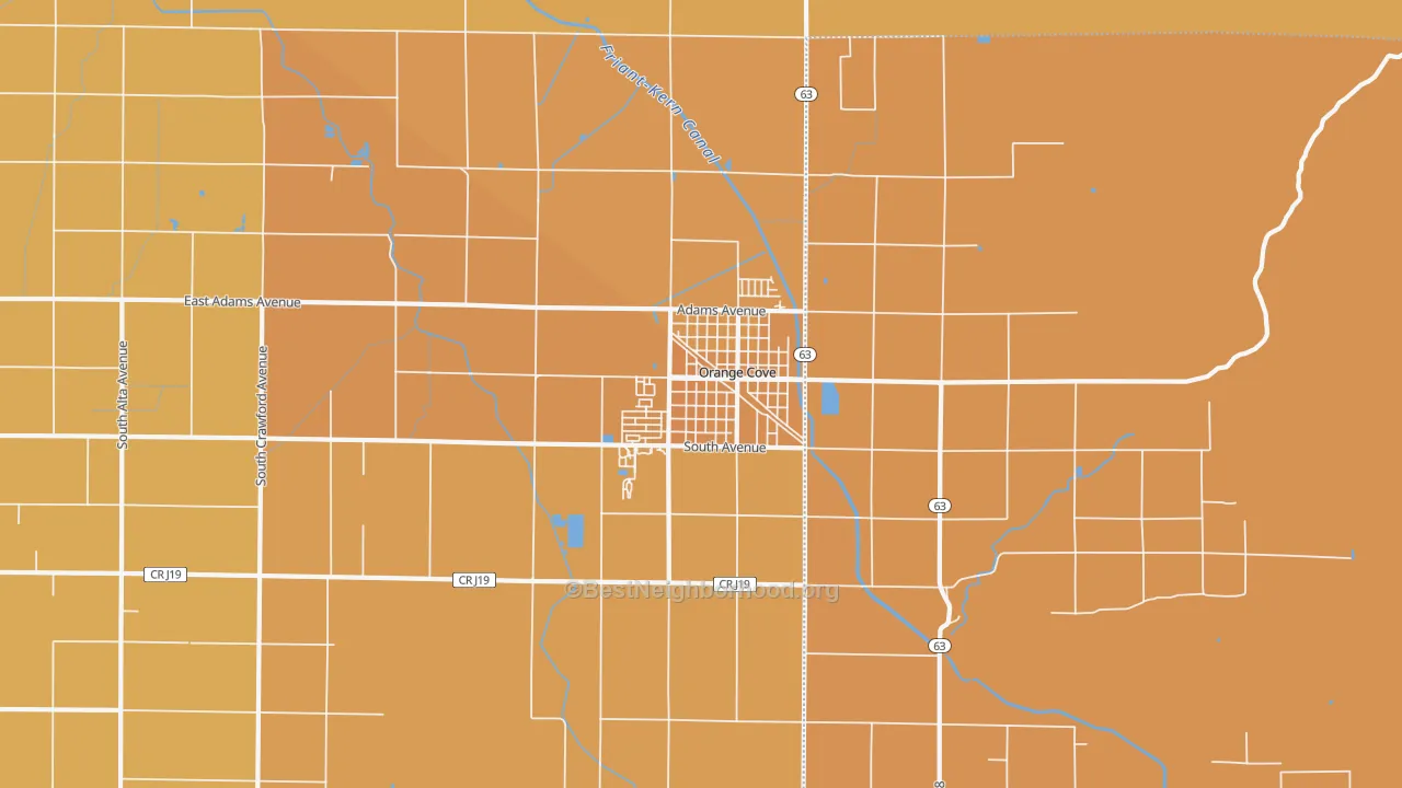 Map of the best neighborhoods in the Orange Cove area, with better matches in green and worse matches in red