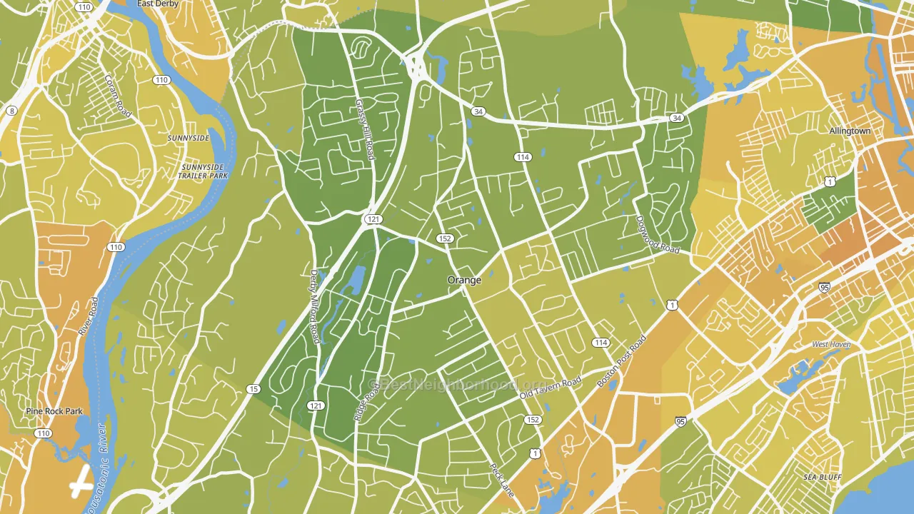 Map of the best neighborhoods in the Orange area, with better matches in green and worse matches in red