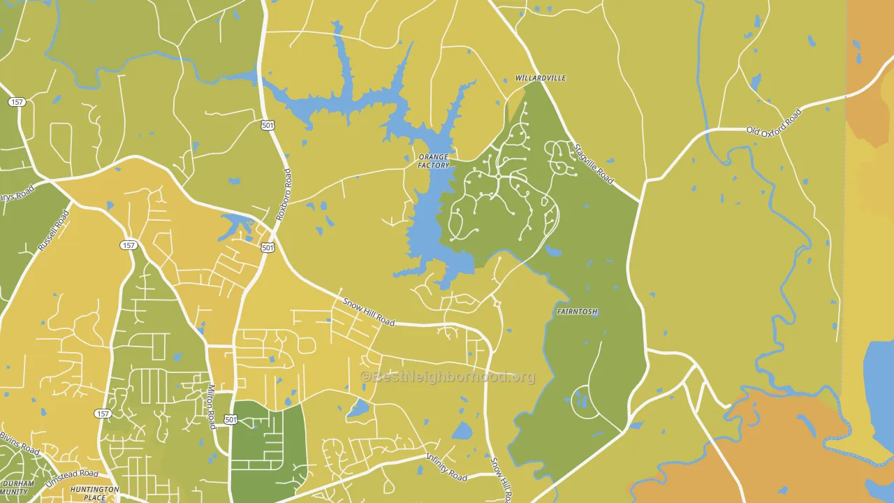 Map of the best neighborhoods in the Orange Factory area, with better matches in green and worse matches in red