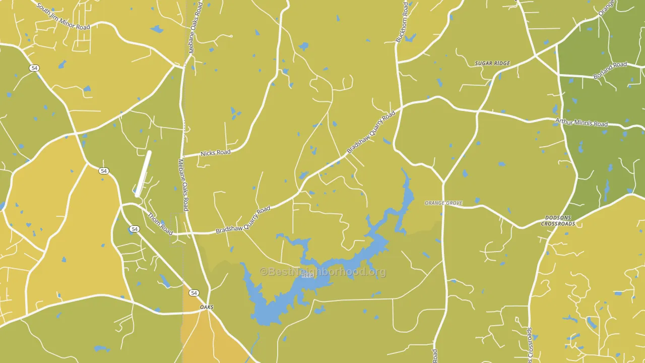 Map of the best neighborhoods in the Orange Grove area, with better matches in green and worse matches in red