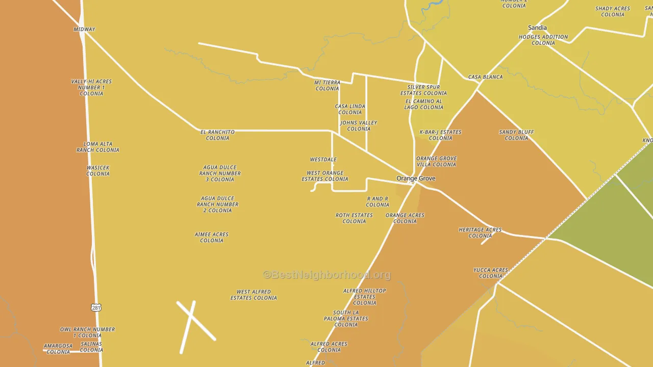 Map of the best neighborhoods in the Orange Grove area, with better matches in green and worse matches in red