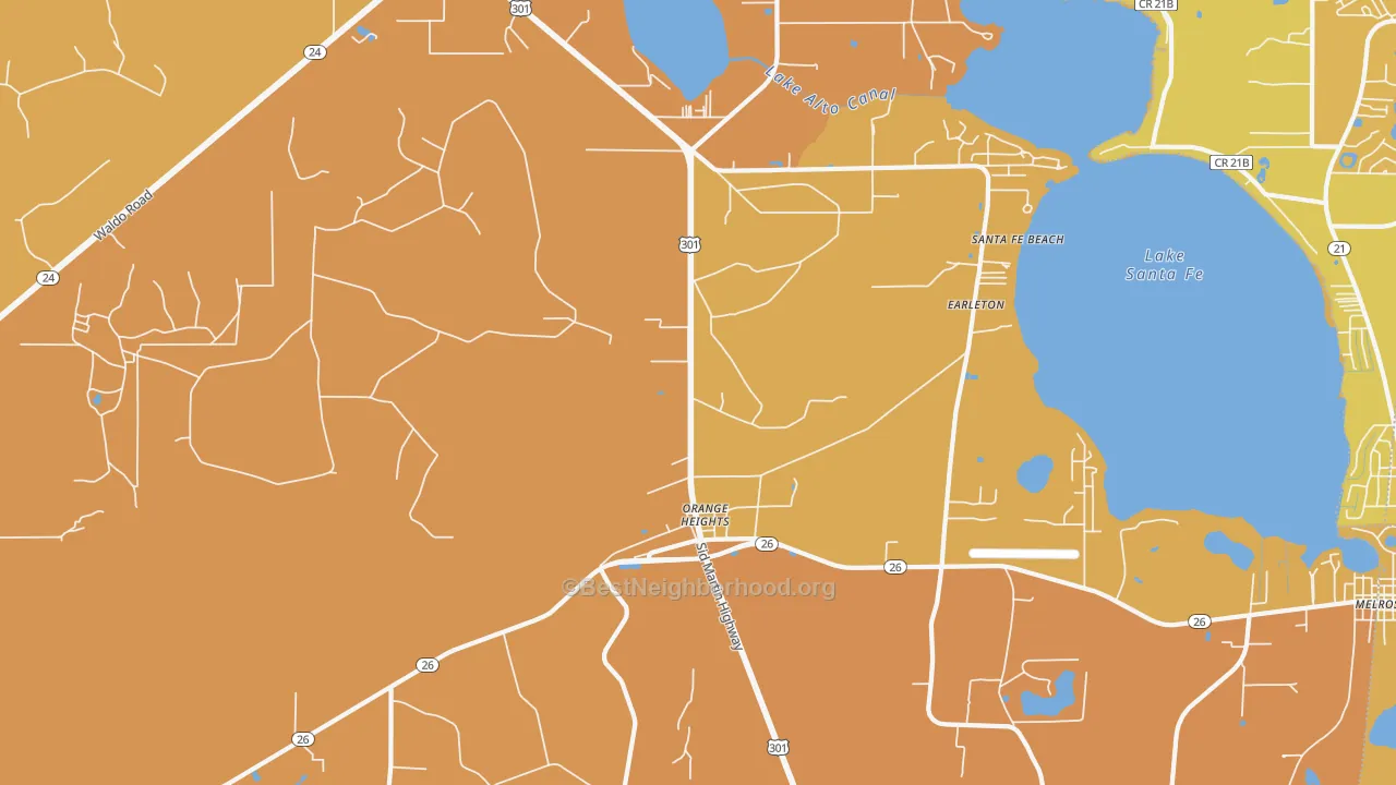 Map of the best neighborhoods in the Orange Heights area, with better matches in green and worse matches in red
