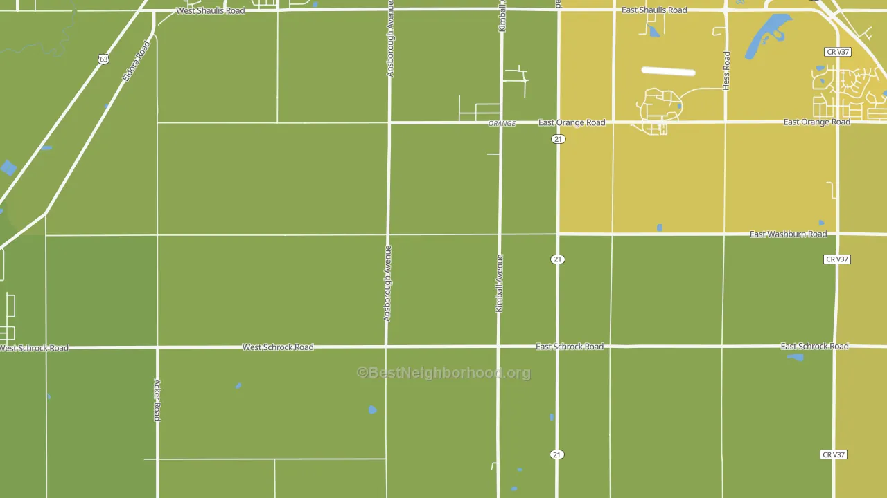 Map of the best neighborhoods in the Orange area, with better matches in green and worse matches in red