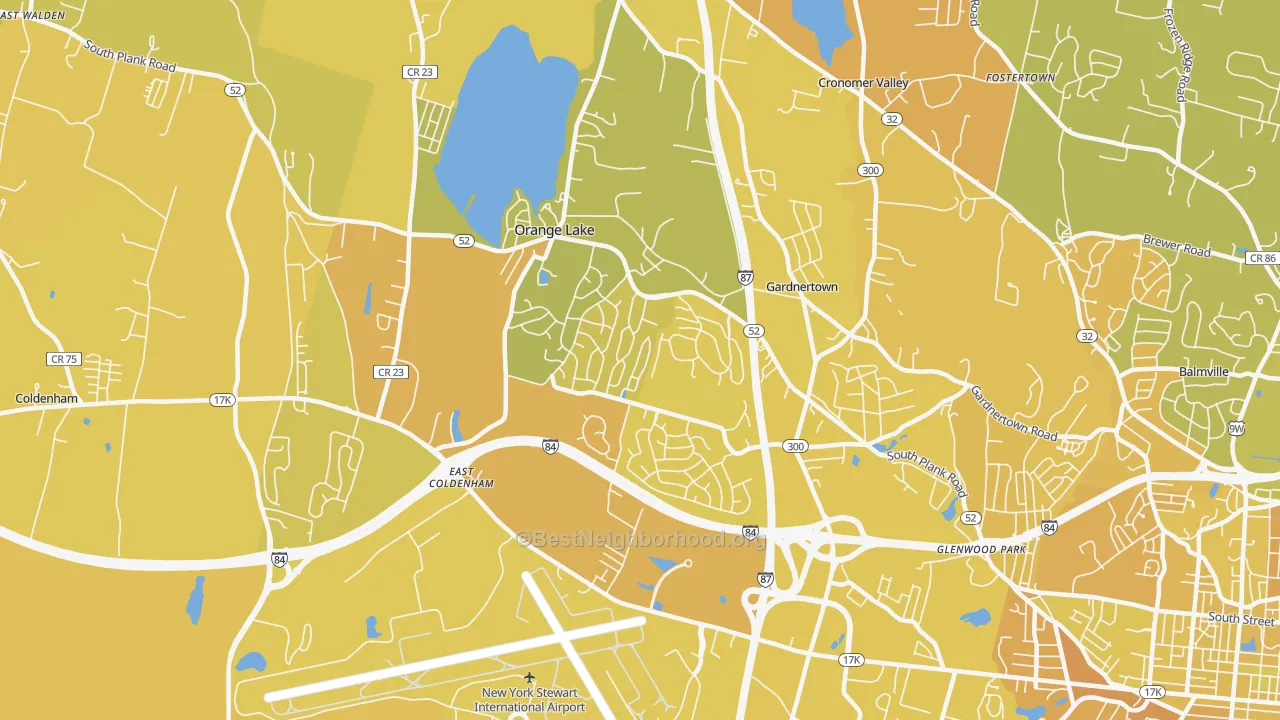 Map of the best neighborhoods in the Orange Lake area, with better matches in green and worse matches in red