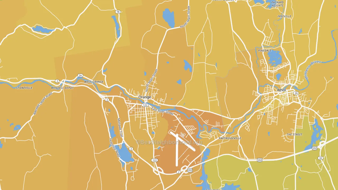 Map of the best neighborhoods in the Orange area, with better matches in green and worse matches in red