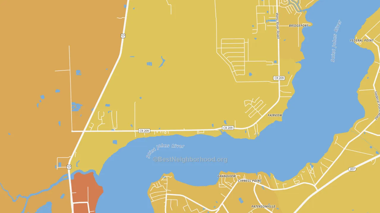 Map of the best neighborhoods in the Orange Mills area, with better matches in green and worse matches in red