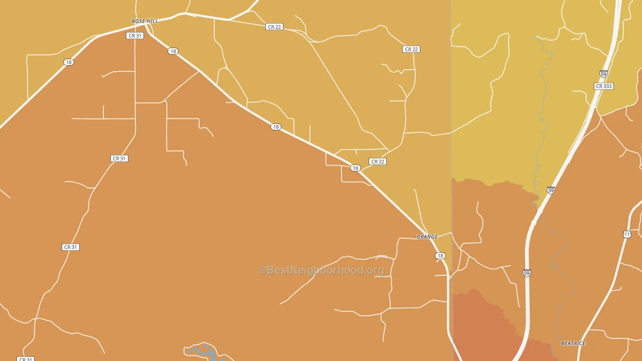 Map of the best neighborhoods in the Orange area, with better matches in green and worse matches in red