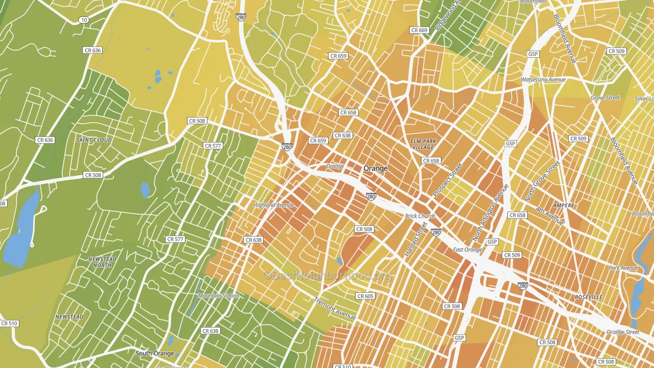 Map of the best neighborhoods in the Orange area, with better matches in green and worse matches in red