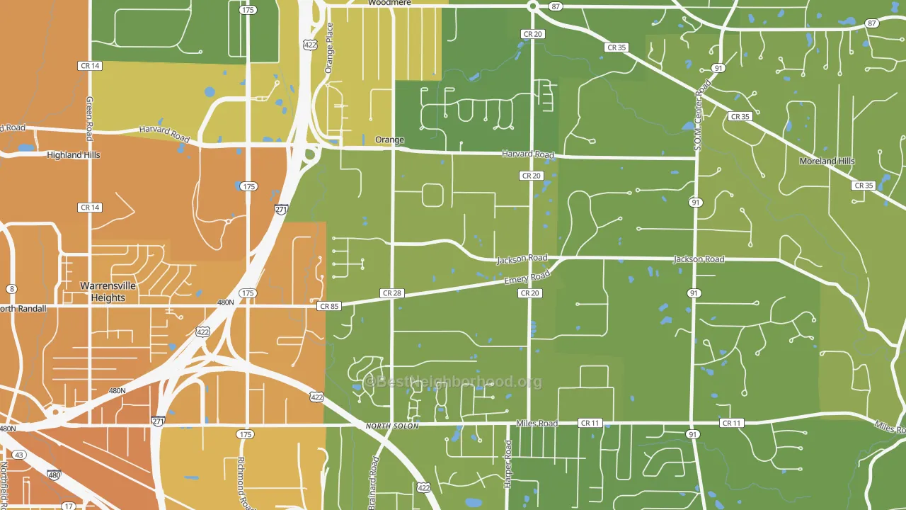 Map of the best neighborhoods in the Orange area, with better matches in green and worse matches in red
