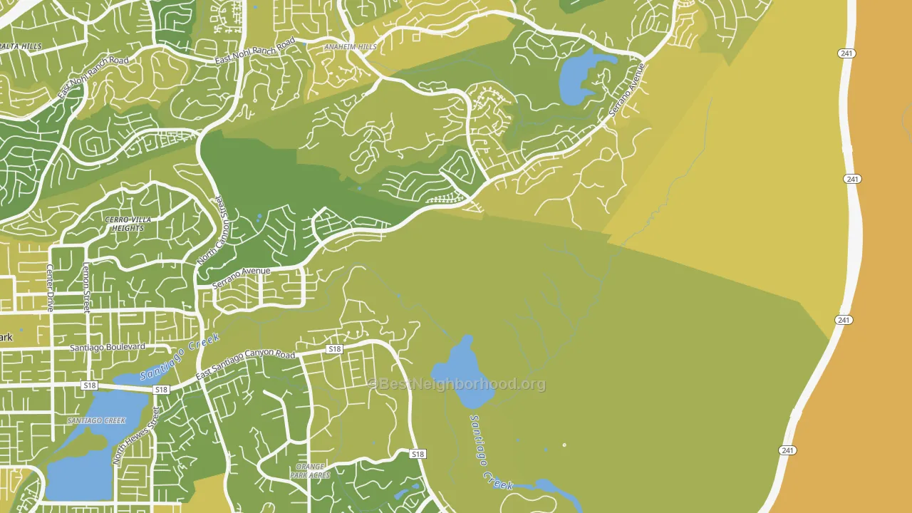 Map of the best neighborhoods in the Orange Park Acres area, with better matches in green and worse matches in red