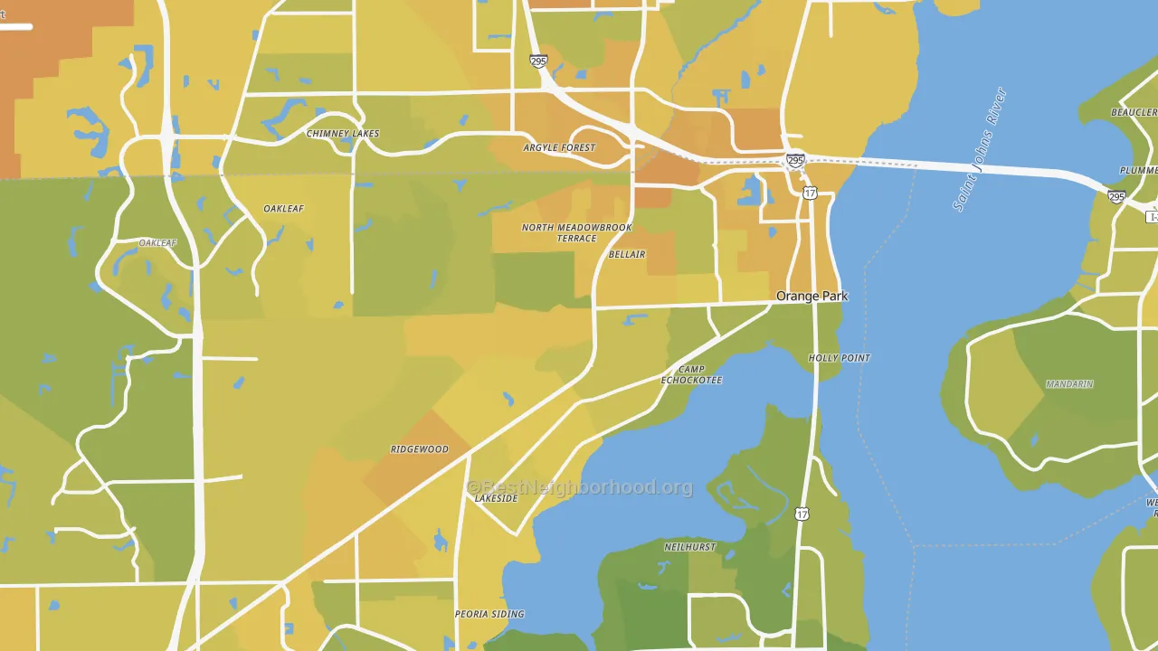 Map of the best neighborhoods in the Orange Park area, with better matches in green and worse matches in red