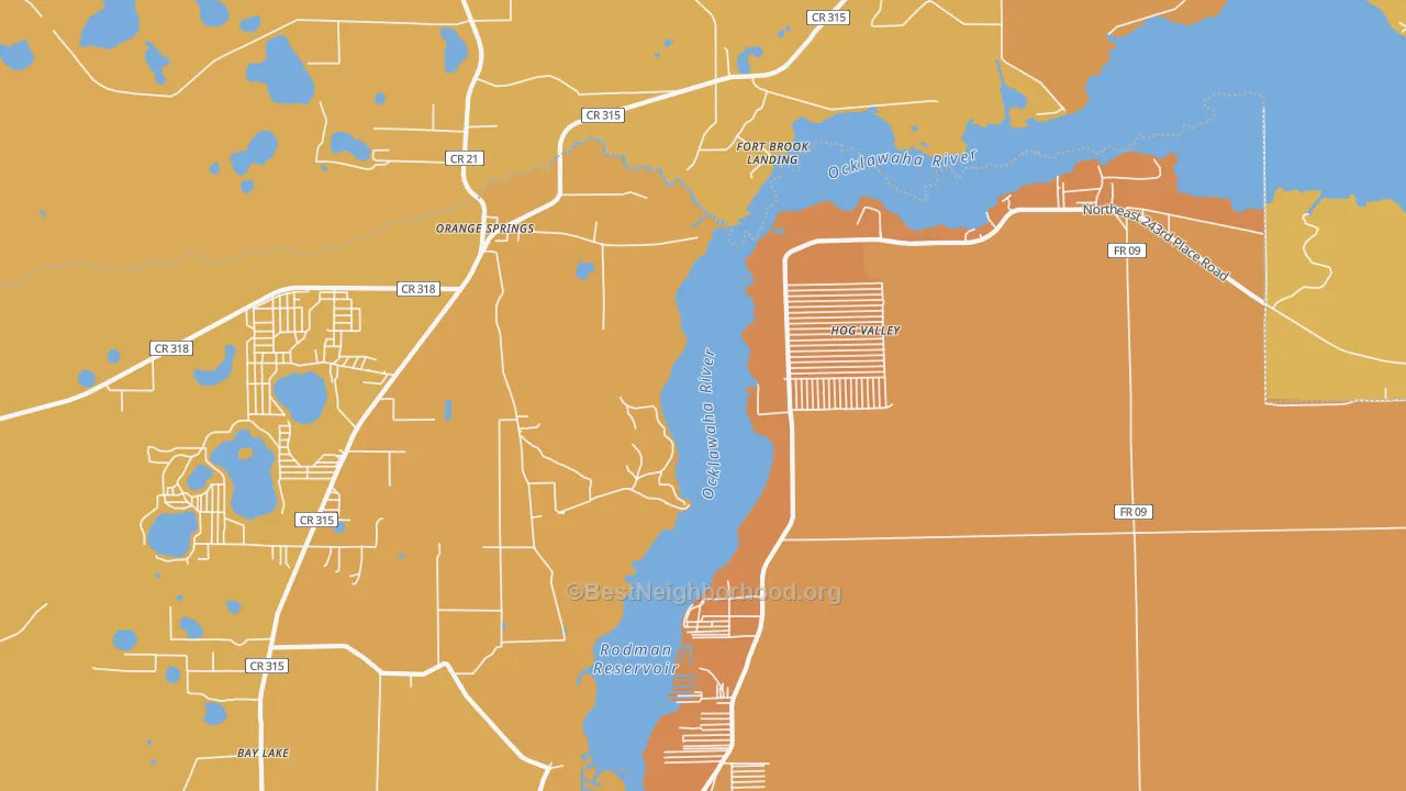 Map of the best neighborhoods in the Orange Springs area, with better matches in green and worse matches in red