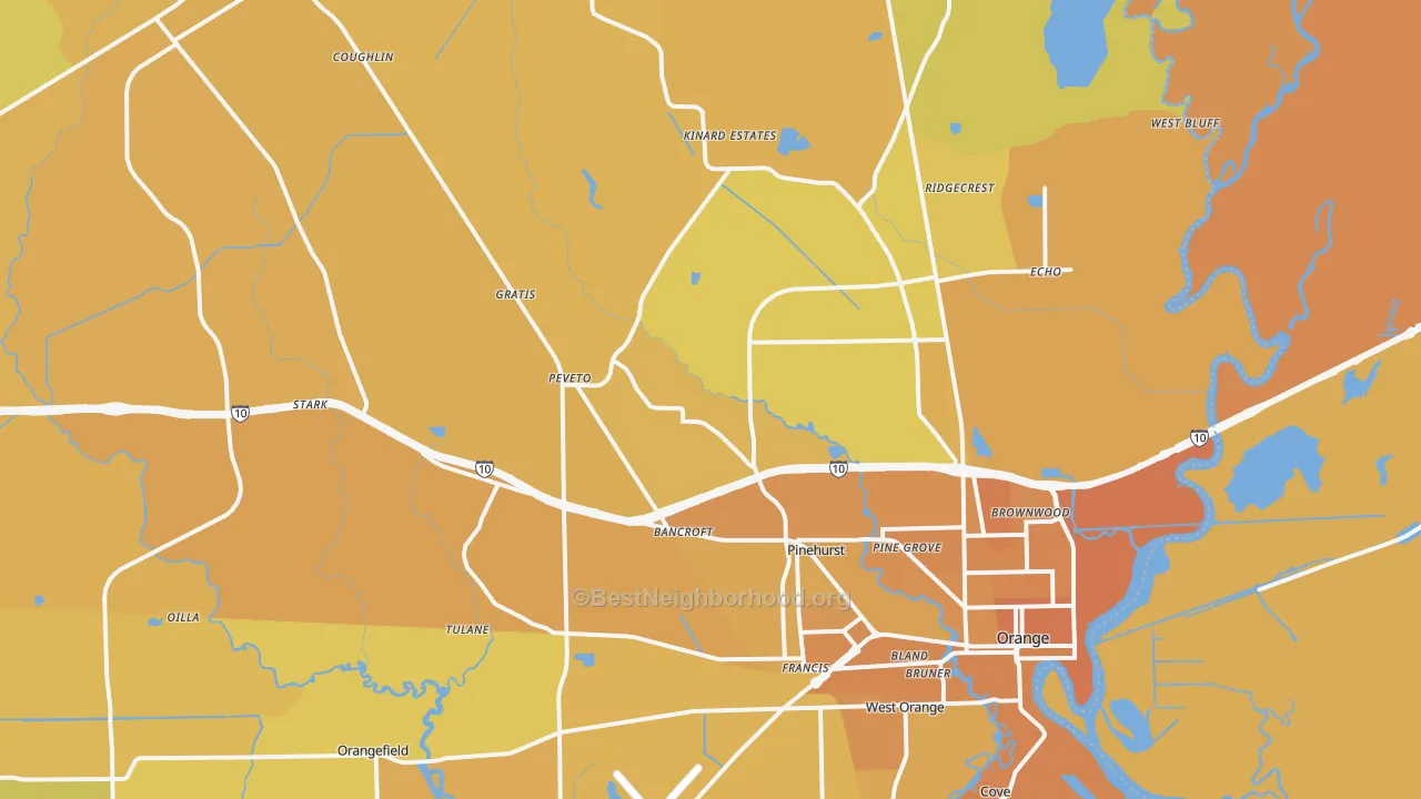 Map of the best neighborhoods in the Orange area, with better matches in green and worse matches in red