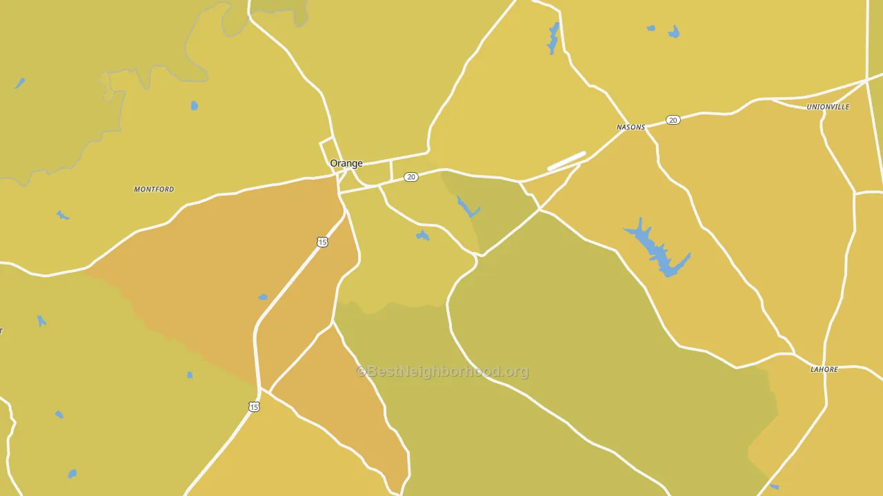 Map of the best neighborhoods in the Orange area, with better matches in green and worse matches in red