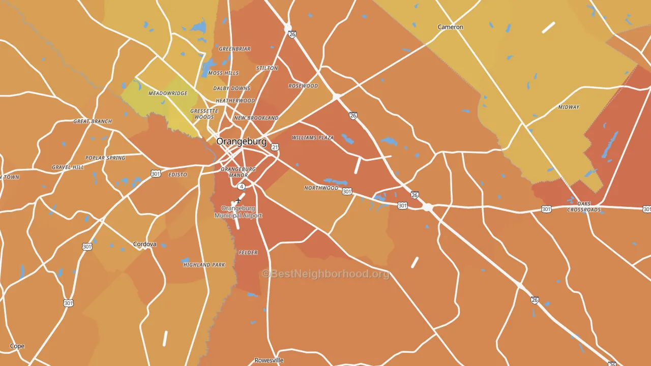 Map of the best neighborhoods in the Orangeburg County area, with better matches in green and worse matches in red