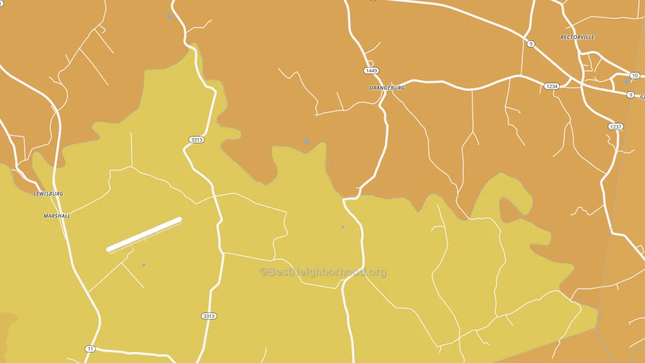 Map of the best neighborhoods in the Orangeburg area, with better matches in green and worse matches in red