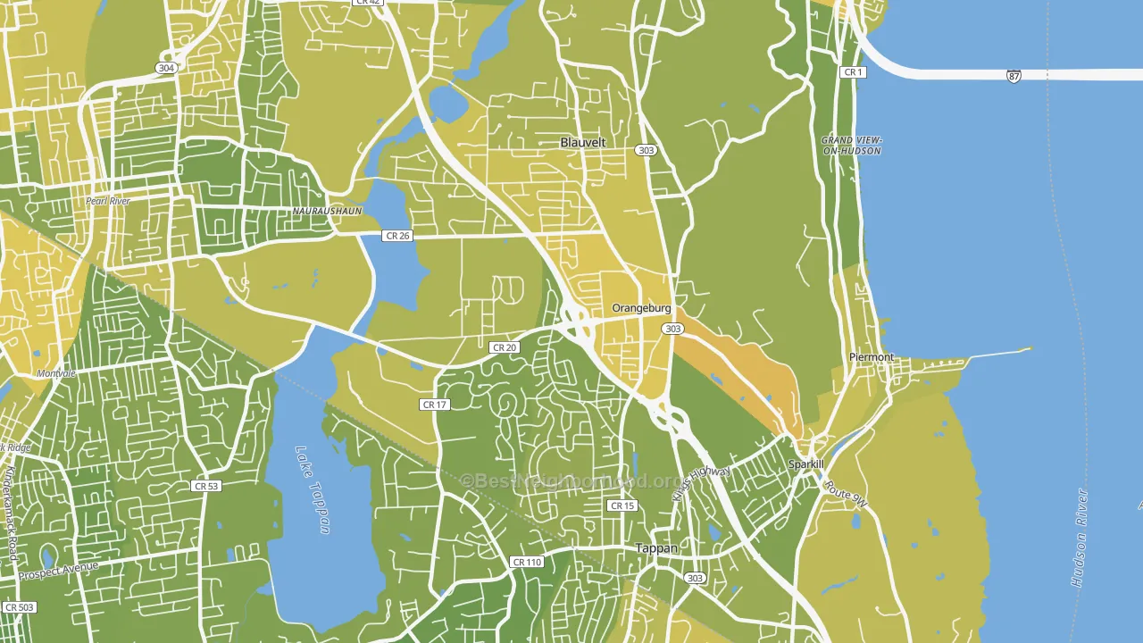 Map of the best neighborhoods in the Orangeburg area, with better matches in green and worse matches in red