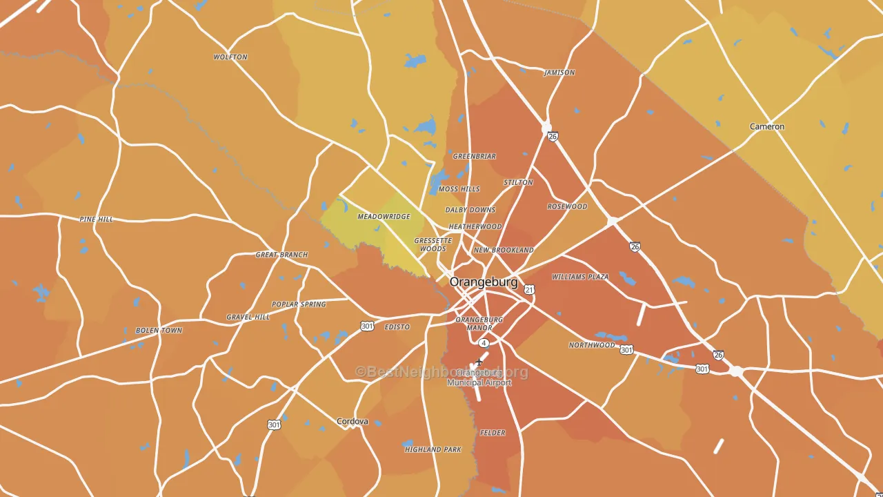 Map of the best neighborhoods in the Orangeburg area, with better matches in green and worse matches in red