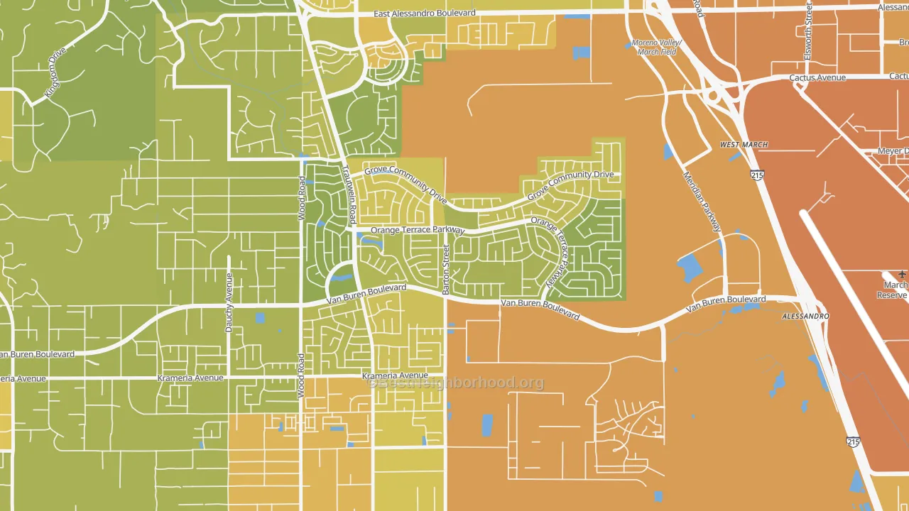 Map of the best neighborhoods in the Orangecrest, Riverside area, with better matches in green and worse matches in red