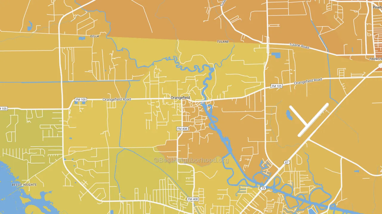 Map of the best neighborhoods in the Orangefield area, with better matches in green and worse matches in red