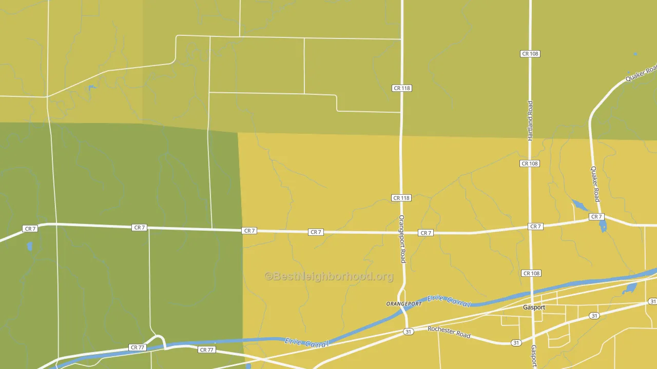 Map of the best neighborhoods in the Orangeport area, with better matches in green and worse matches in red