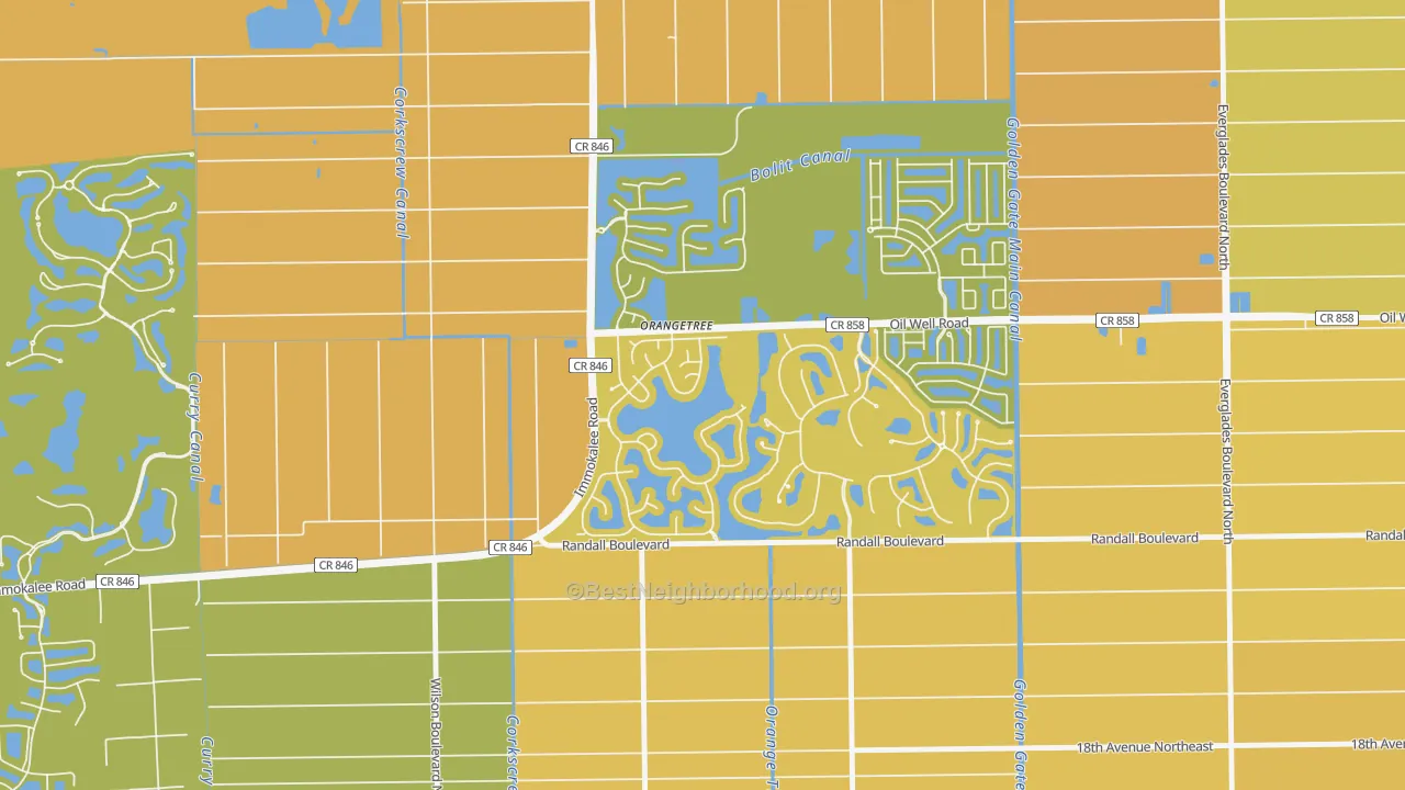 Map of the best neighborhoods in the Orangetree, Naples area, with better matches in green and worse matches in red