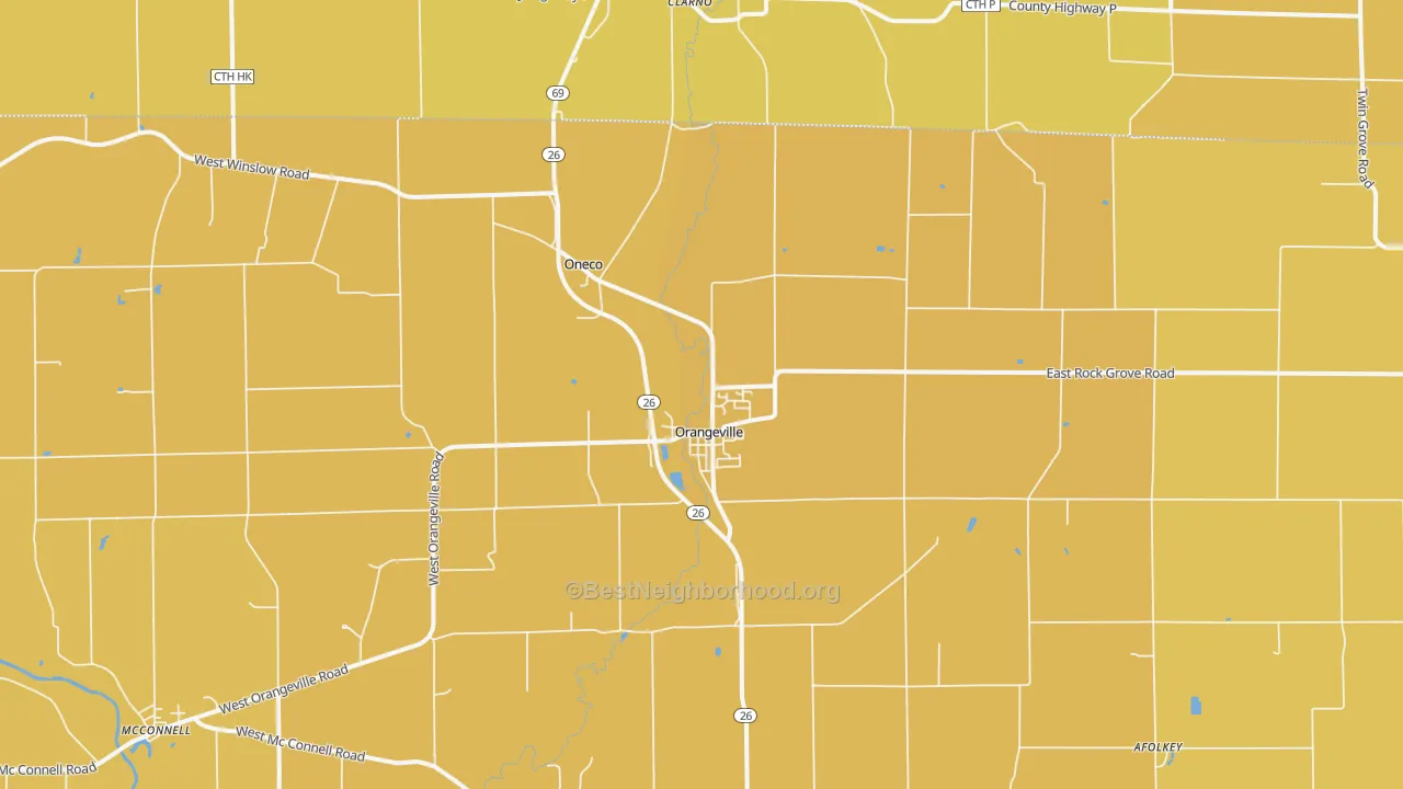 Map of the best neighborhoods in the Orangeville area, with better matches in green and worse matches in red