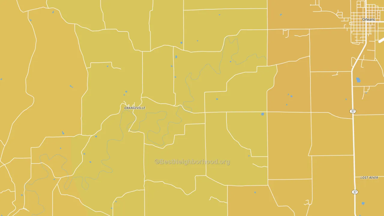 Map of the best neighborhoods in the Orangeville area, with better matches in green and worse matches in red