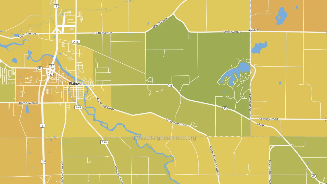 Map of the best neighborhoods in the Orangeville area, with better matches in green and worse matches in red
