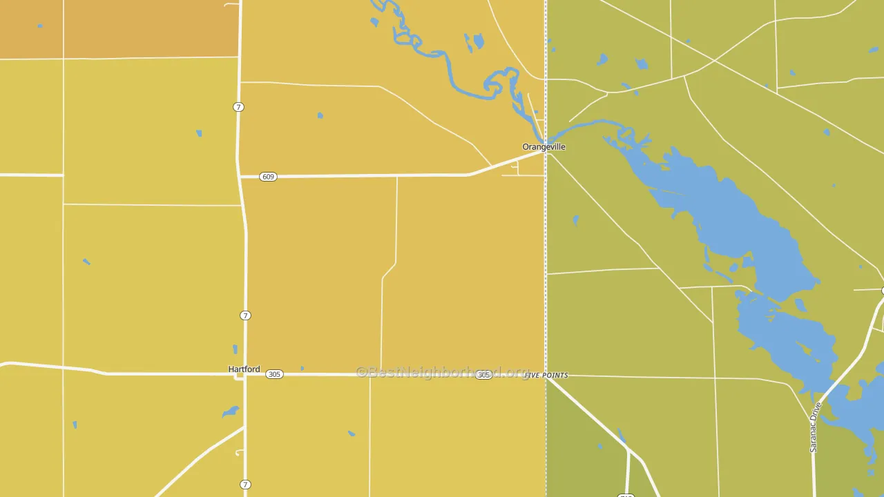 Map of the best neighborhoods in the Orangeville area, with better matches in green and worse matches in red