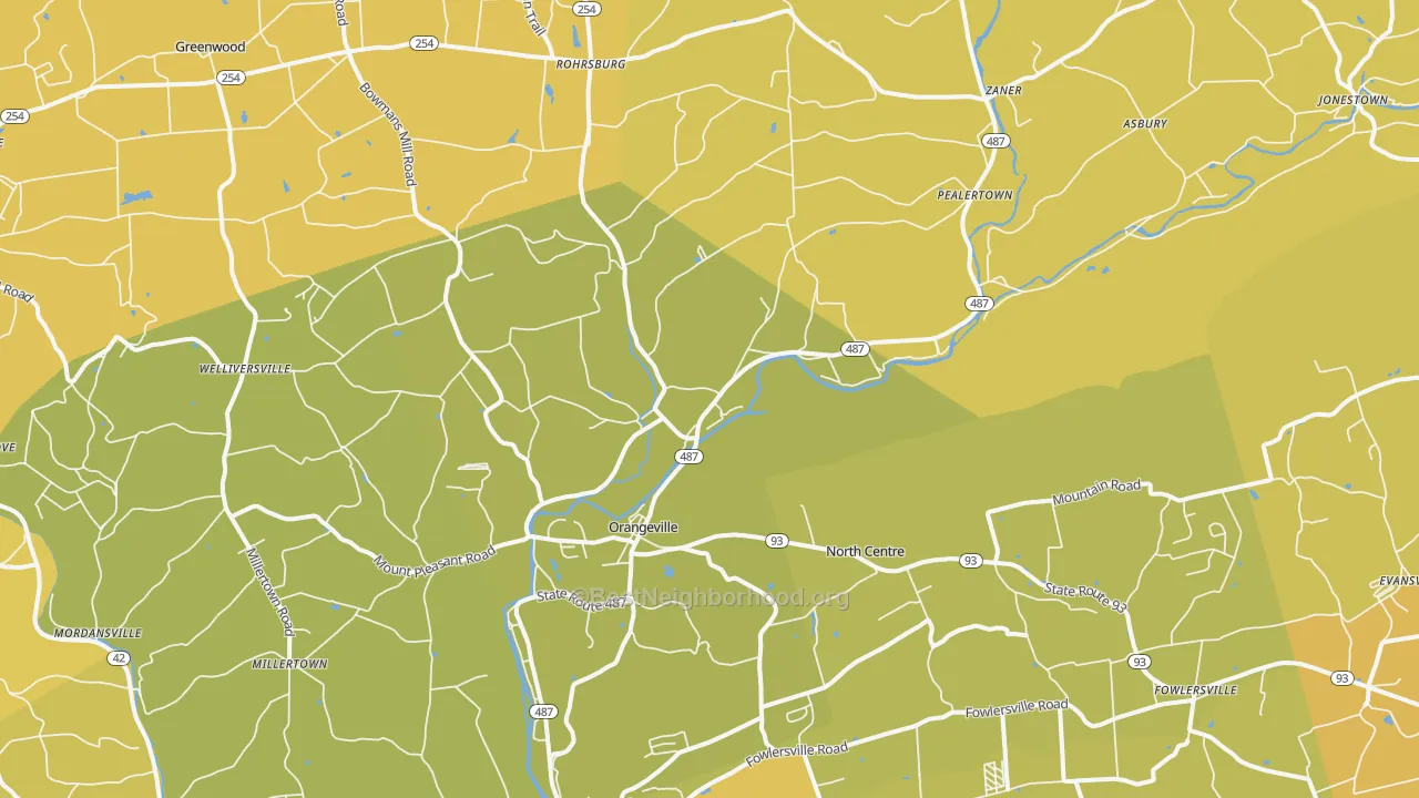 Map of the best neighborhoods in the Orangeville area, with better matches in green and worse matches in red